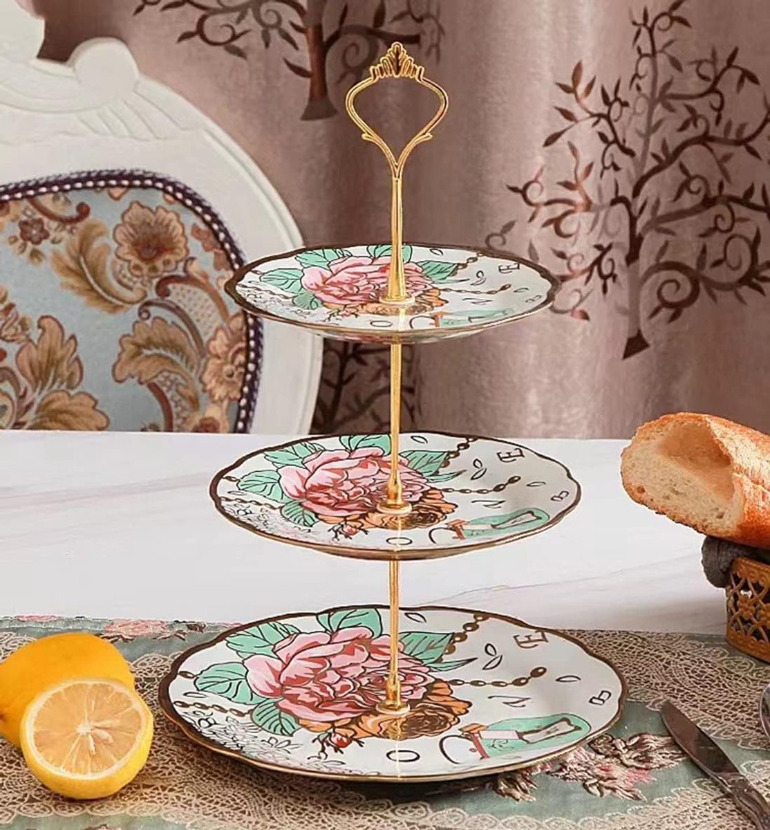 Cake standaard 3-laags - vintage rozenpatroon - premium ivoorkeramiek - perfect voor desserts - ShopVlot