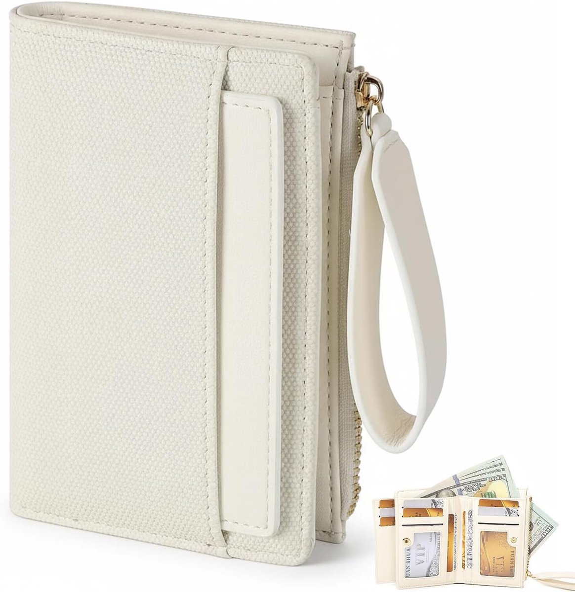 Dames kleine zachte PU leren portemonnee - wit - met rits en strap - compacte wallet met veel kaartvakken - ShopVlot