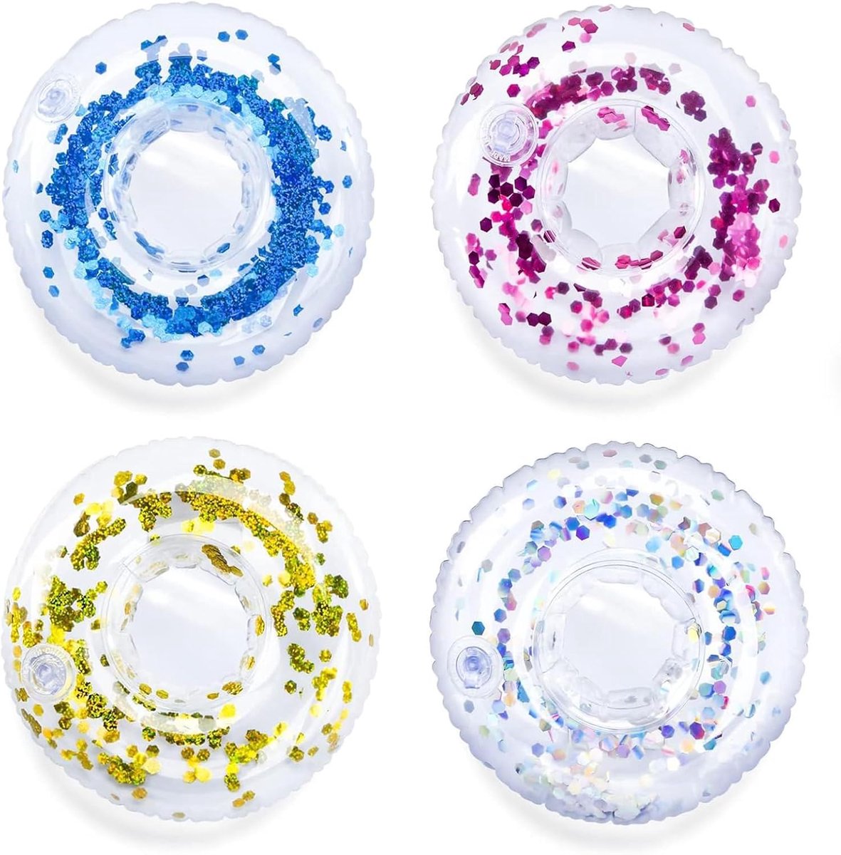 Opblaasbare bekerhouder set van 4 - hoogwaardig PVC - kleurrijke glitter - perfect voor zwembad en strand - ShopVlot