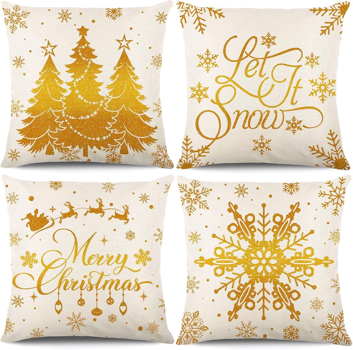 Kussenhoezen 18x18 Inch - Set van 4 - Linnen - Kerstboom en Rendier - Perfect voor Kerstdecoratie - ShopVlot