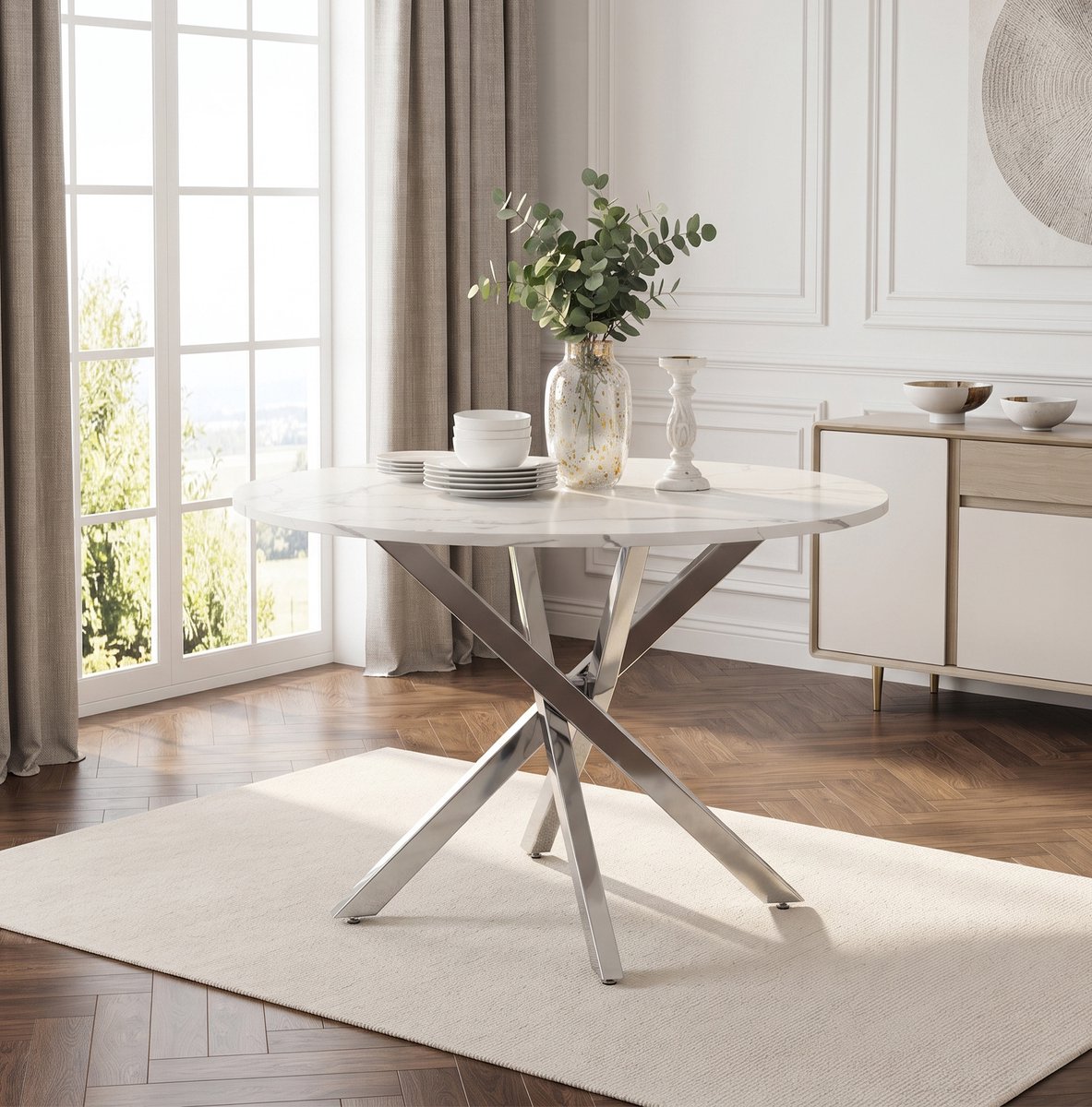 STILVORA Eettafel Rond 80 cm - Marmerlook Blad Met Zilverkleurig X Onderstel - Modern Voor Eetkamer En Keuken - MDF En Metaal - Wit En Zilver