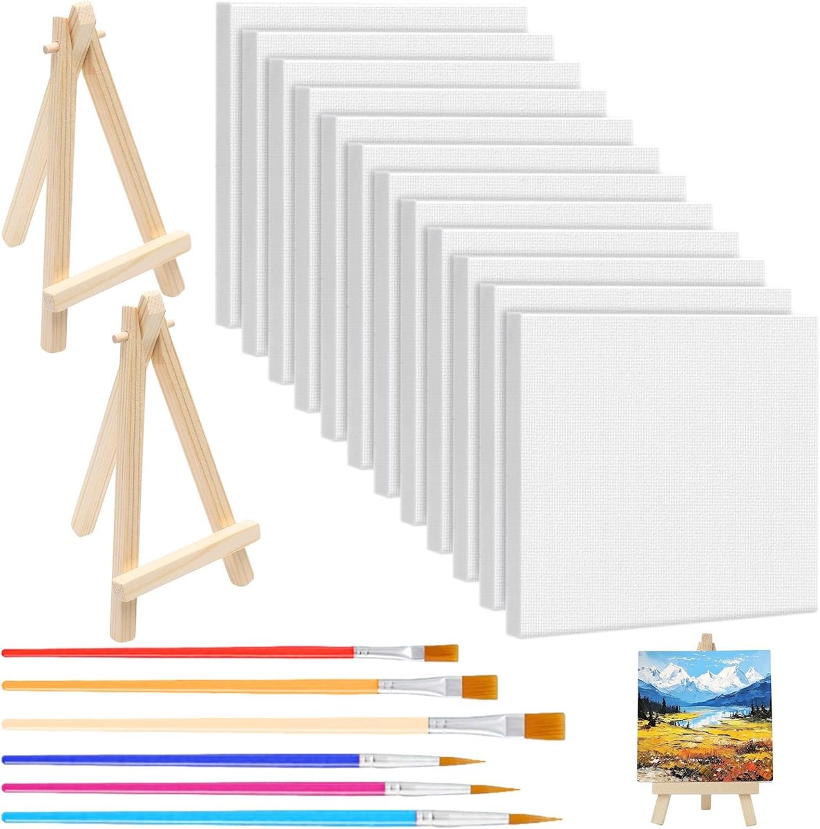 Mini canvases 10 x 10 cm - pack van 12 met 2 ezels - hoogwaardig katoen - perfect voor acryl- en olieverf - ShopVlot