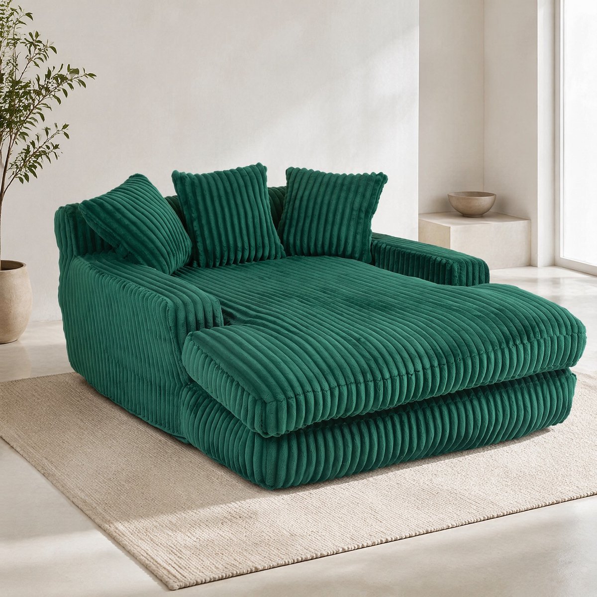 MEUNIQ chaise longue 155 x 125 x 63 cm in ribstof, 1-zits loungestoel met 3 kussens, armleuningen, zonder montage, voor woonkamer, slaapkamer of kantoor