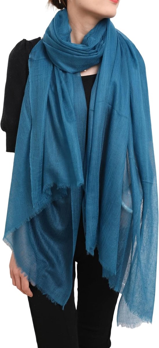 Pashmina sjaal dames - 100% cashmere - turquoise - lichte fringes voor ultiem comfort - ShopVlot