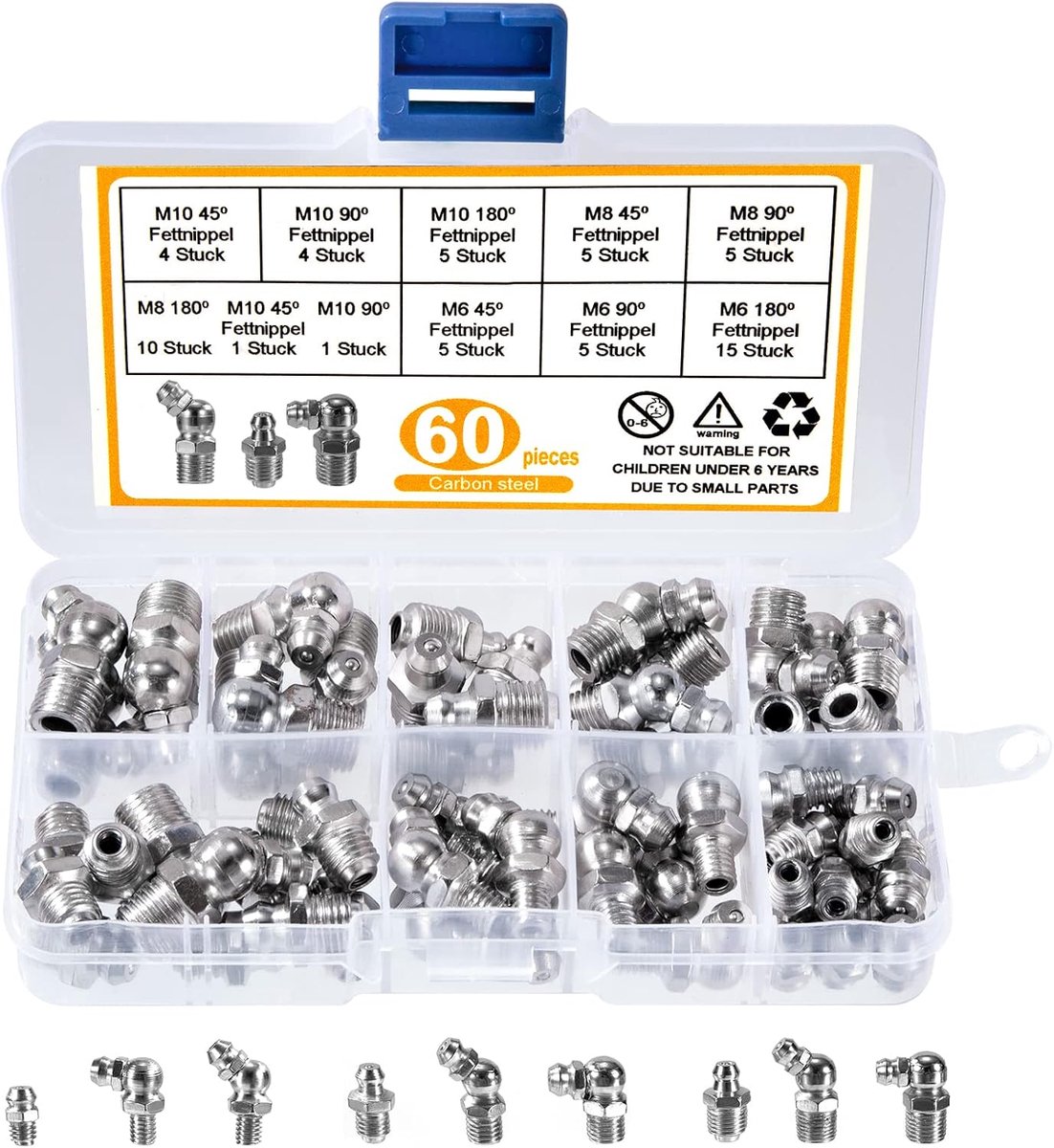 Smeernippel assortiment M6 M8 M10 - 60-delige set - verchroomd staal - geschikt voor mechanische apparatuur - ShopVlot