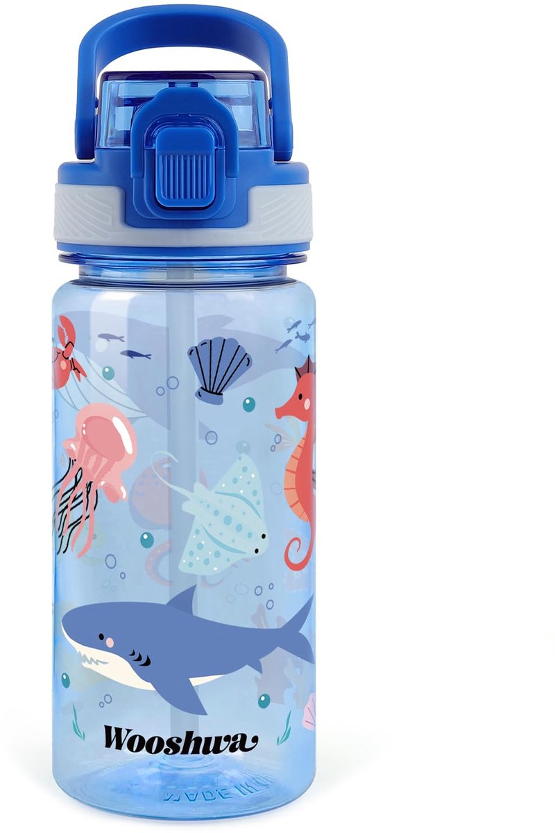 Drinkfles voor kinderen 480 ml - blauw met rietje - lekvrij en BPA-vrij - ideaal voor school en sport - ShopVlot