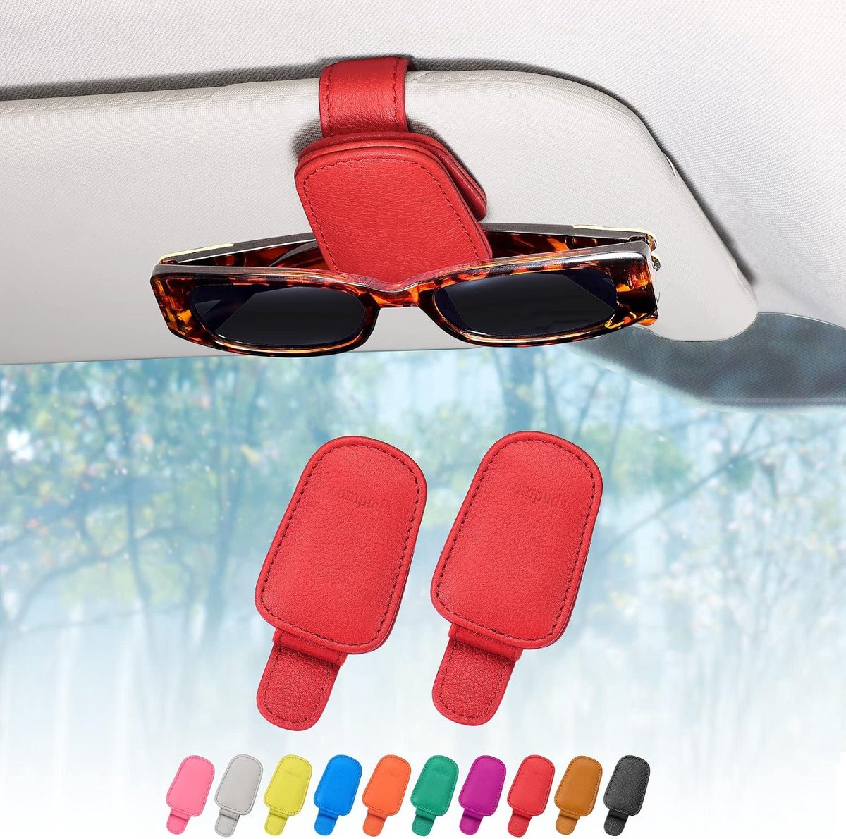 Zonnebril houder set van 2 - echt leder - magnetische clip - veilig aan zonneklep - ShopVlot