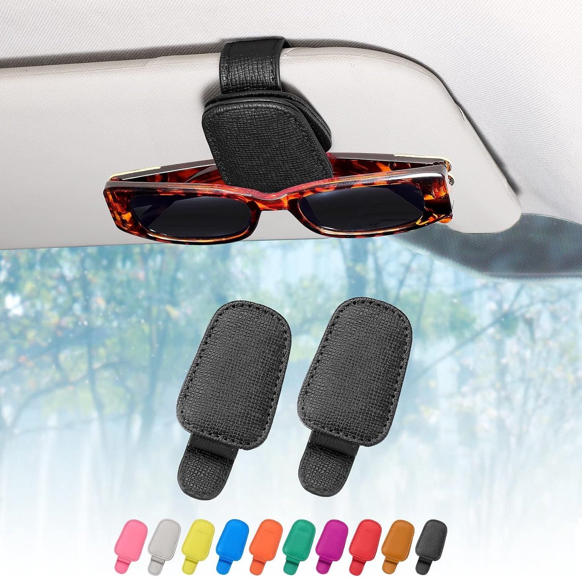 Zonnebrilhouder auto set van 2 - echt leer - magnetisch - beschermt uw zonnebril - ShopVlot