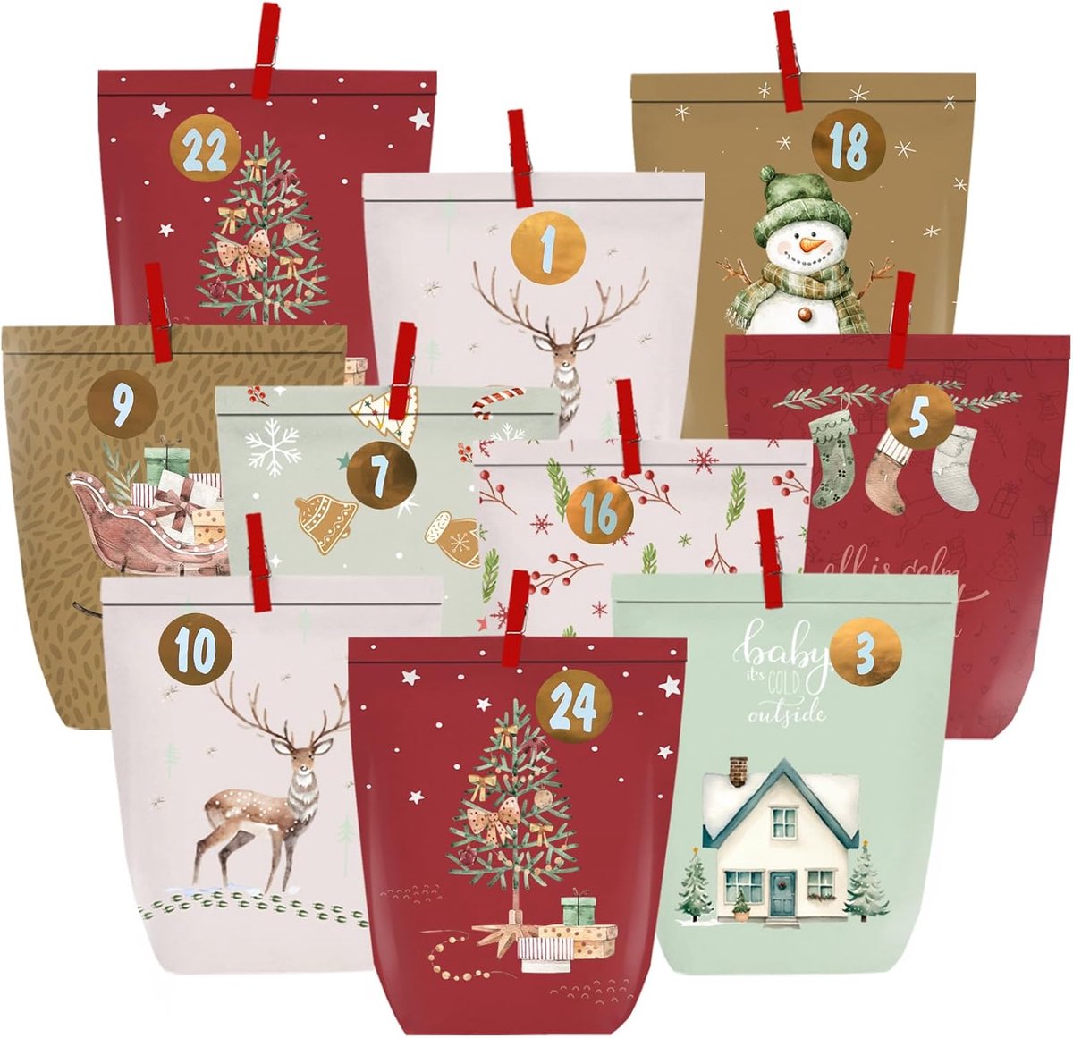 Adventskalender om te vullen - 24 papieren zakjes - met cijferstickers - zelf te maken kerstdecoratie - ShopVlot