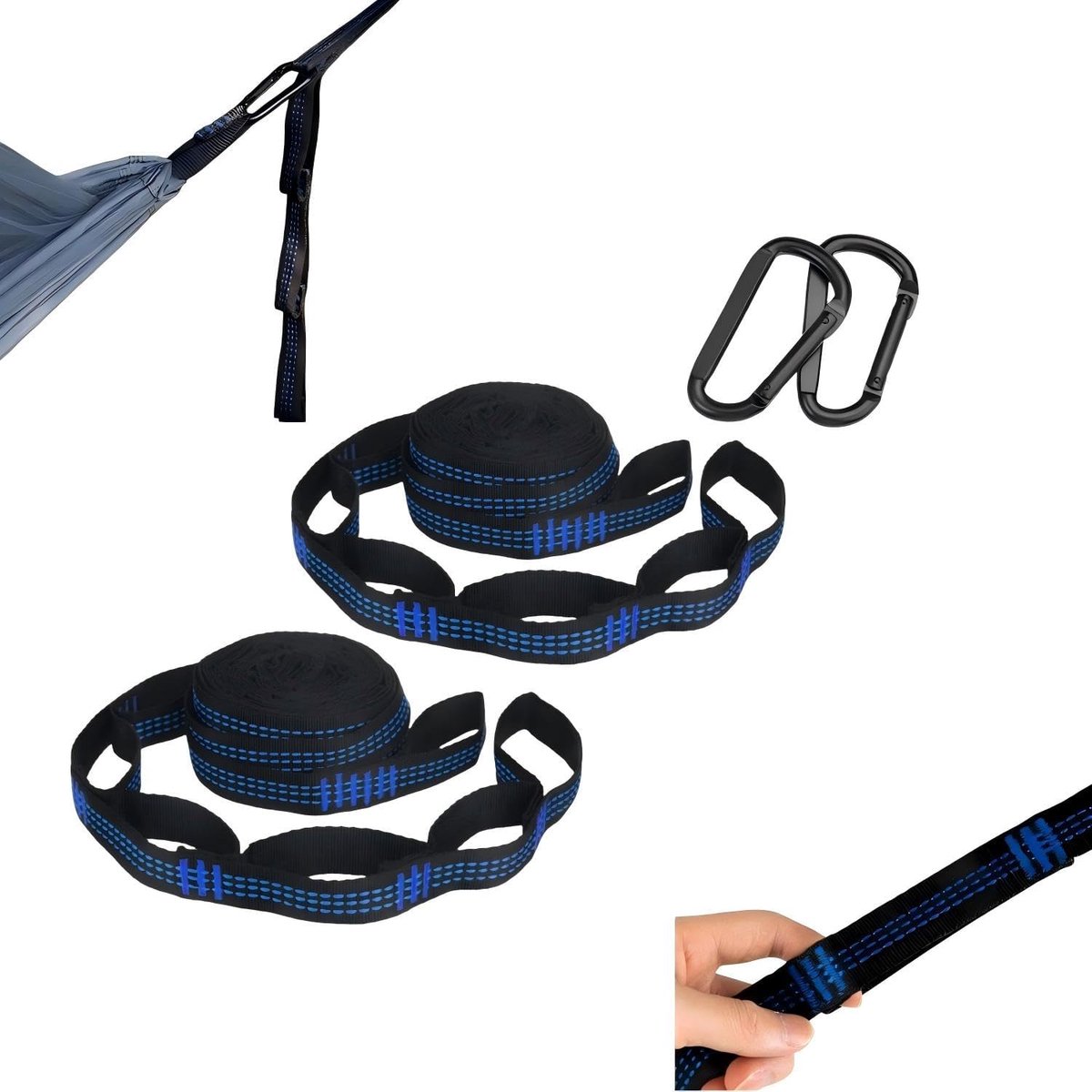 Hangmatbevestigingsset 2 meter - blauw - 6 lussen en karabijnhaken - ideaal voor buitengebruik - ShopVlot