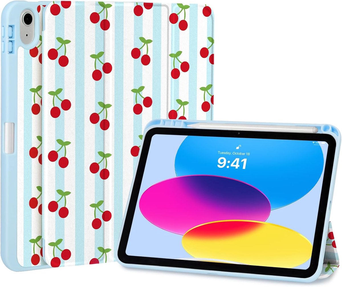 Beschermhoes voor iPad 11 inch - gestreept kersenmotief - met potloodhouder - optimale bescherming en standfunctie - ShopVlot