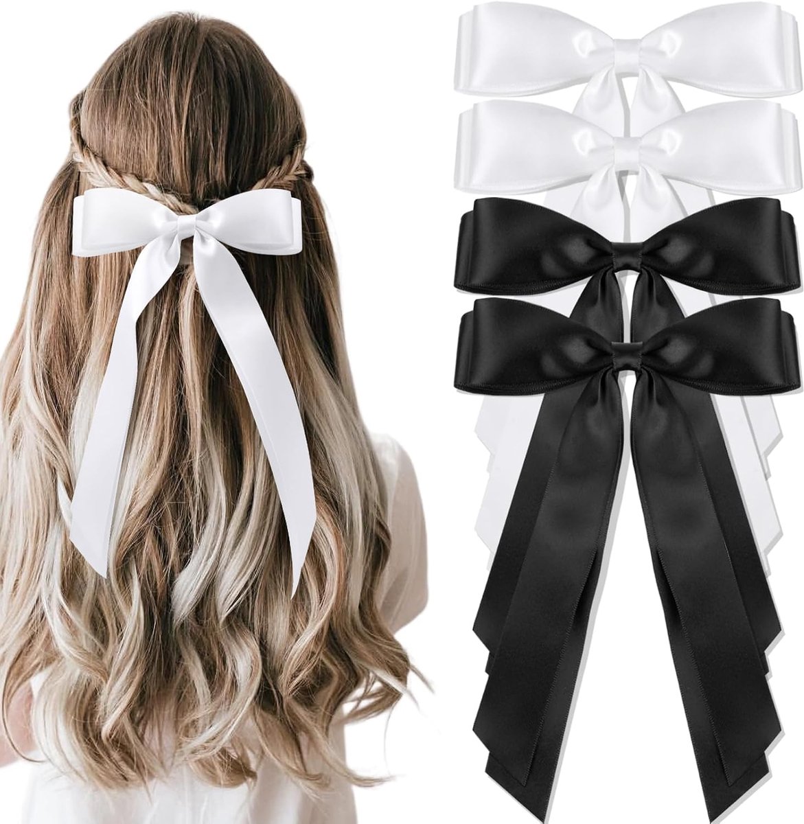 Haarclips strik 4 stuks - zijdeachtig satijn - wit en zwart - dagelijkse haaraccessoires - ShopVlot
