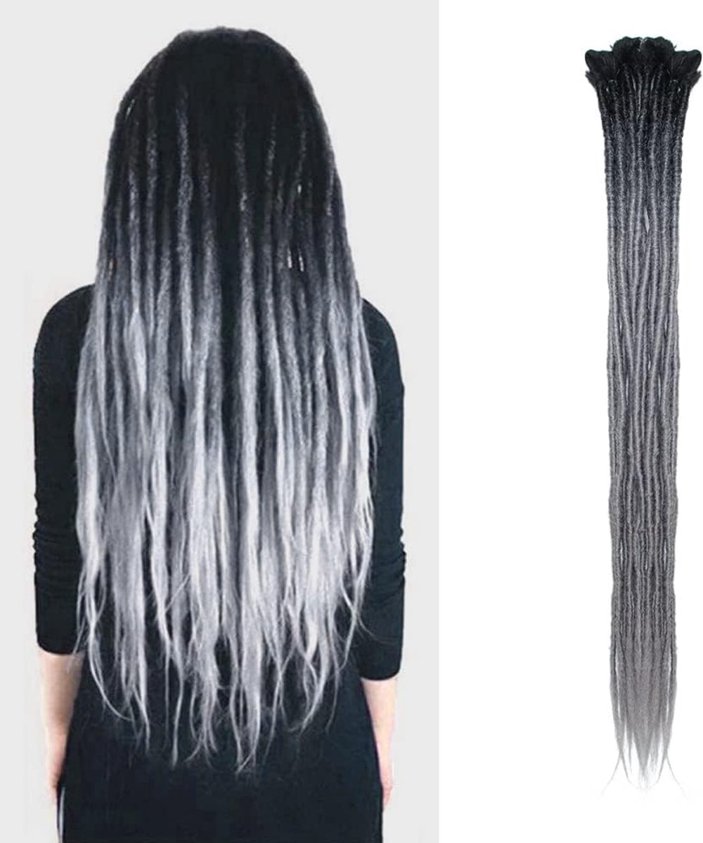 Dreadlocks Extensions 24 inch - Ombre zwart en zilver grijs - Handgemaakt synthetisch - ShopVlot