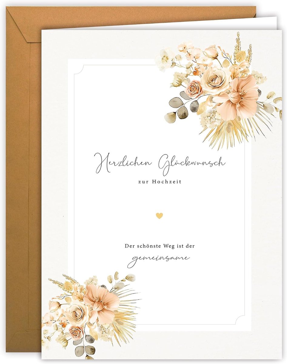 Bruiloftskaart A4 - bloemenmotief met hartjes - met kraft envelop - voor huwelijksfelicitaties - ShopVlot