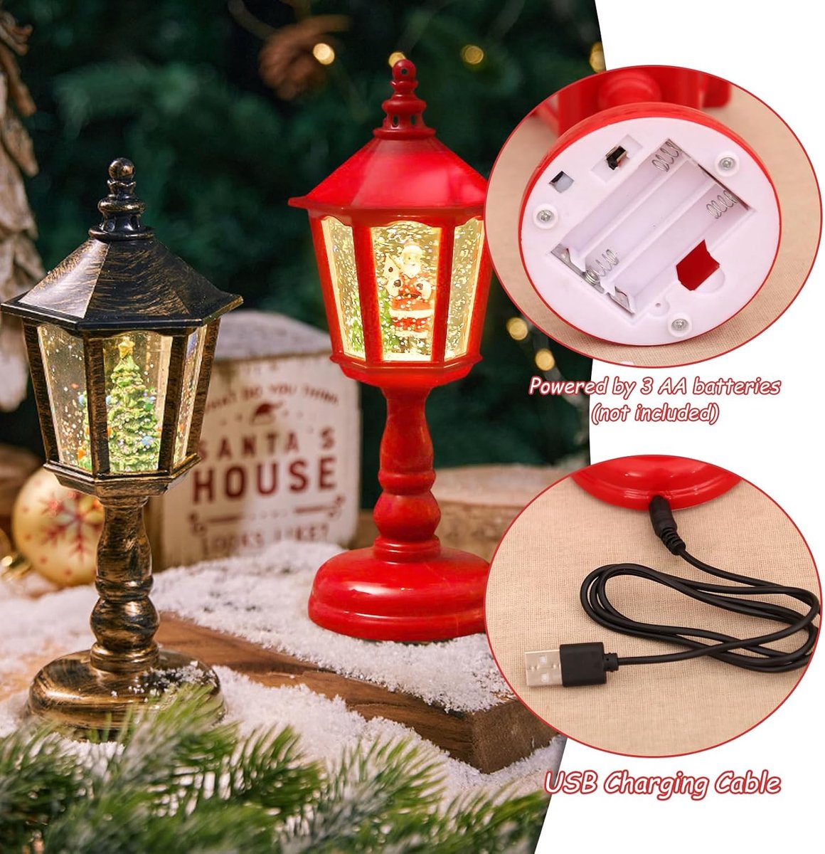 Kerstdecoratie Lantaarn - Vintage Sneeuwglobe - Muziek en Glitter - Sfeervolle Nachtlamp - ShopVlot
