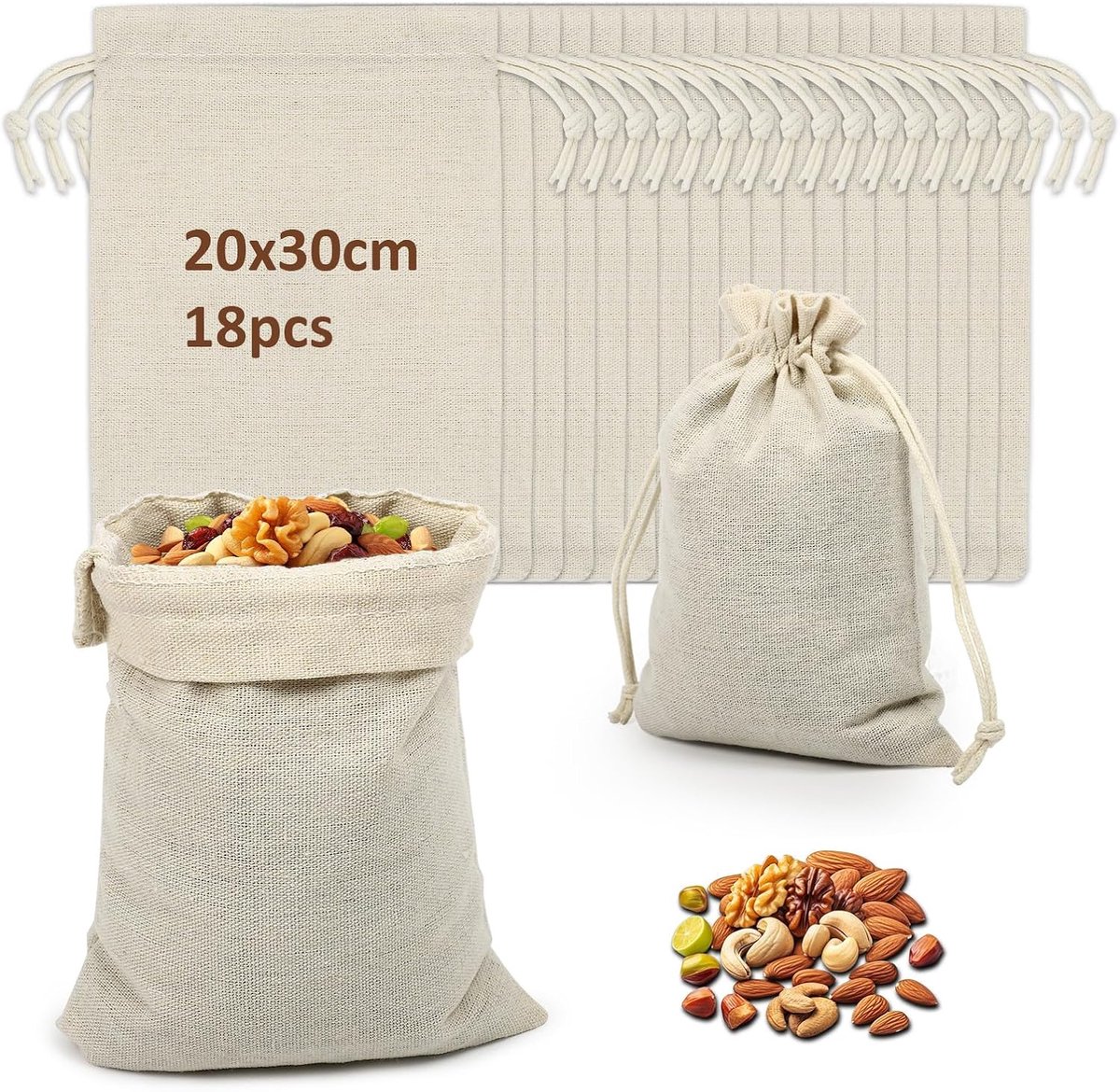 Katoenen trekzakken 20 x 30 cm - Jute voor cadeaus - Set van 18 zakken - Perfect voor feestelijkheden - ShopVlot