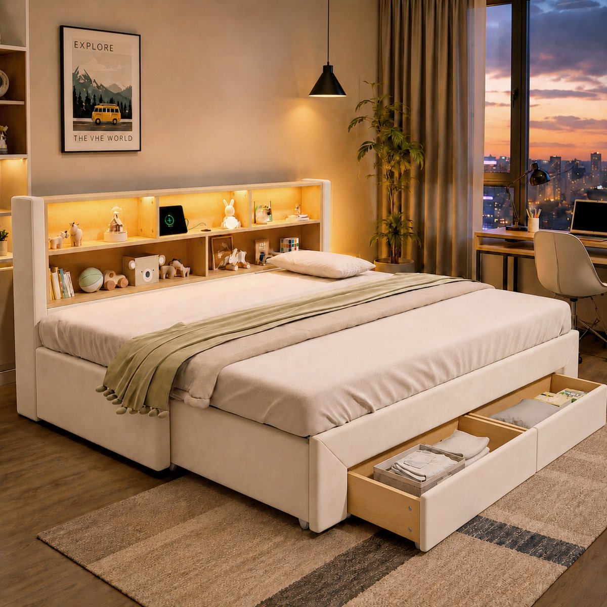 VVBV Bedbank 90x200 cm - Uitschuifbaar, USB & Type-C, Opbergruimte, LED-Verlichting - Beige, Fluweel