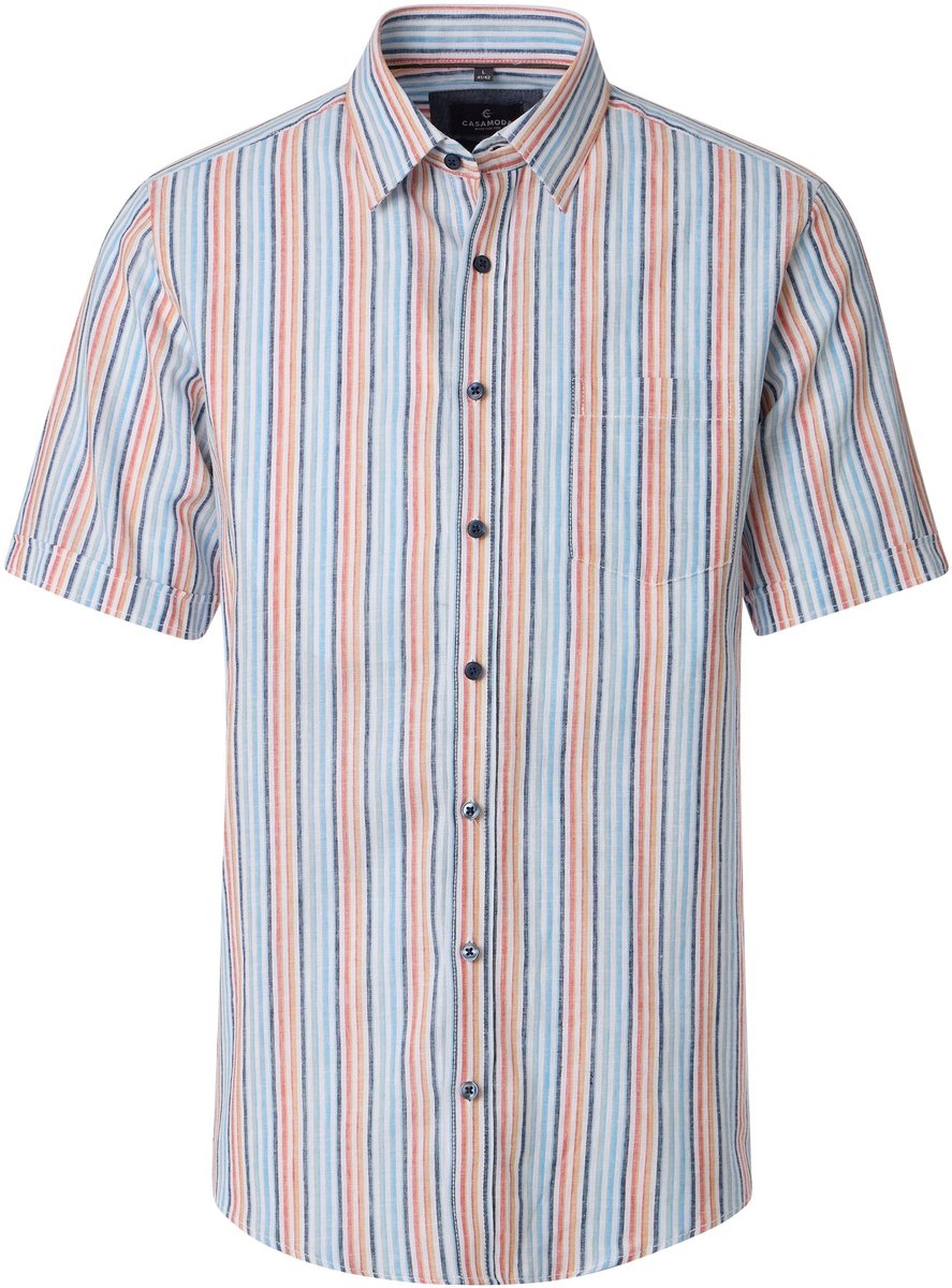 CASA MODA Sport casual fit overhemd - korte mouw - structuur - wit - lichtblauw - oranje - donkerblauw gestreept