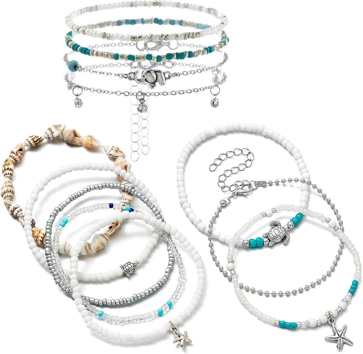 Boheemse enkelbandjes 12 stuks - vintage schelpen - zeester en zeeschildpad - trendy zomeraccessoires - SnelShoppen