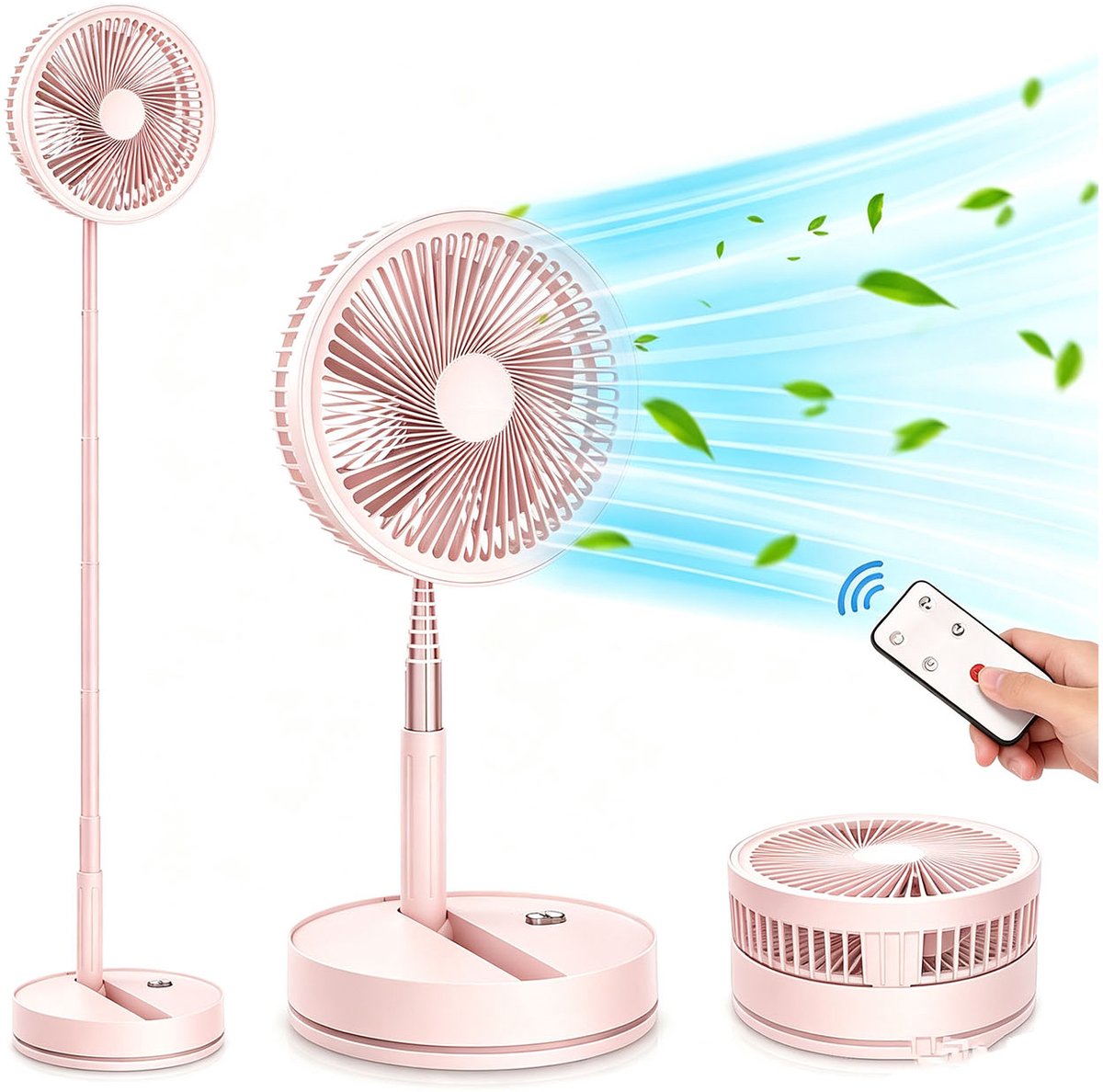 Casalora Opvouwbare vloerventilator – Draagbare ventilator – Reisventilator – Stille bureauventilator – 4 snelheidsstanden – 180 graden verstelbare hoek – Geschikt voor slaapkamer, camping, kantoor en op reis – Roze
