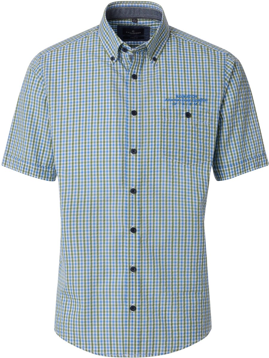CASA MODA Sport casual fit overhemd - korte mouw - seersucker - blauw - groen - wit geruit