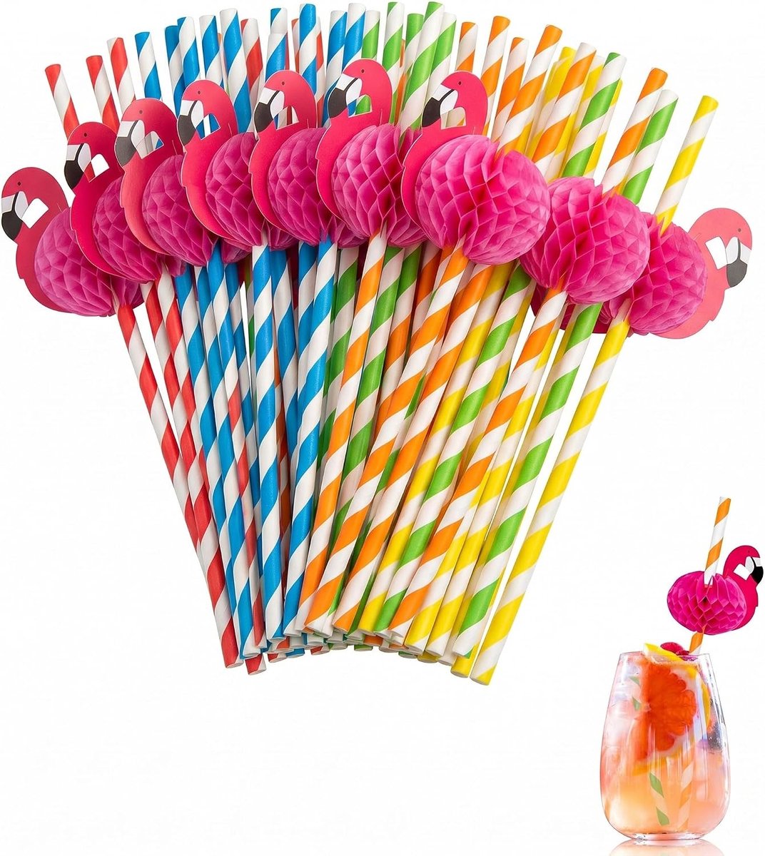 3D-drinkrietjes flamingo - 50 stuks - biologisch afbreekbaar papier - voor tropische dranken - SnelShoppen