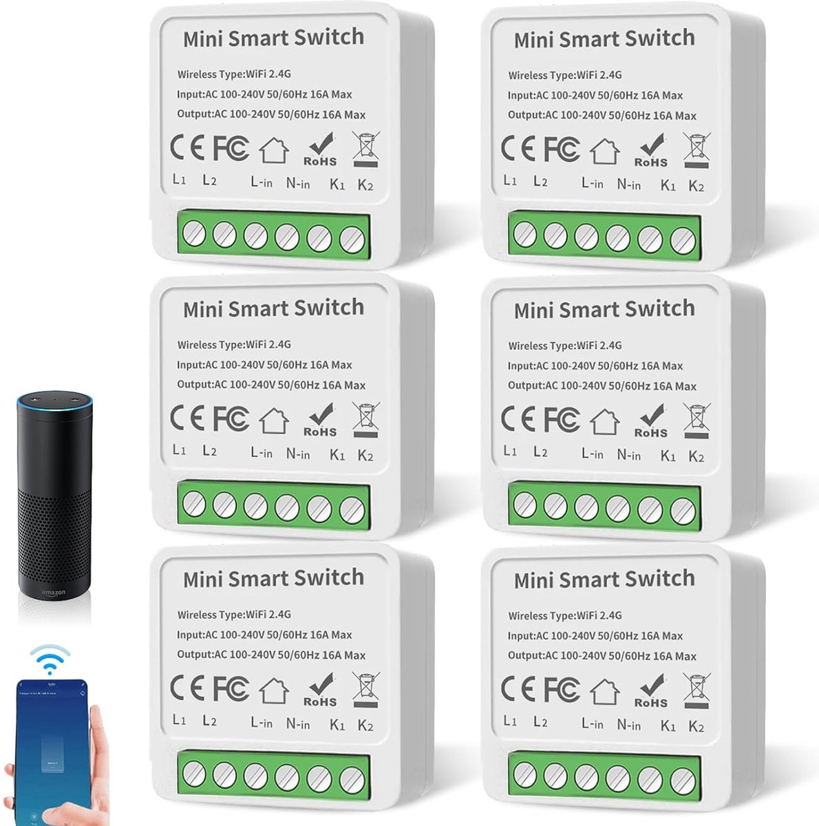 Slimme schakelaar module 6 stuks - Mini DIY relais - Compatibel met Google Assistant en Alexa - SnelShoppen