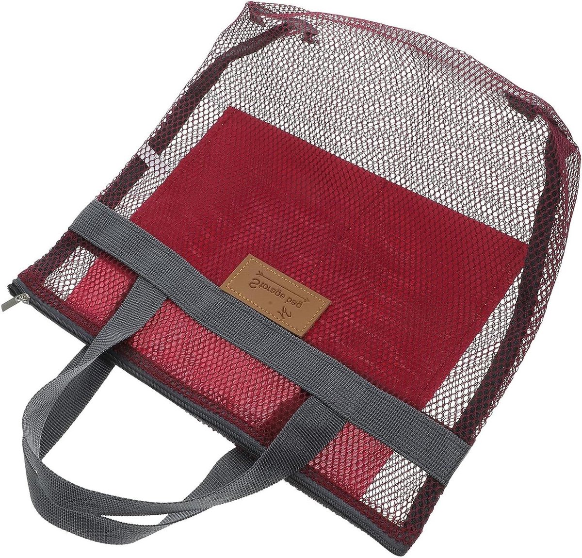 Strandtas Mesh - Opbergtas Reistas - Strand Bezoek - Met Ritssluiting - 30x27x11 CM - Donkerrood