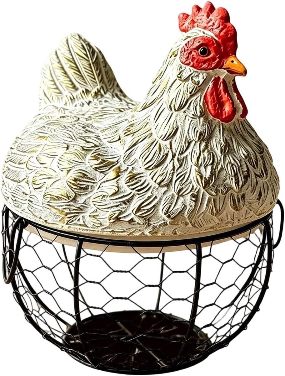 Eierhouder Mand Kip - Decoratieve Eiermand - Keuken Organiseren - Hexagonaal Gaaswerk - 20x20x25 cm - Wit