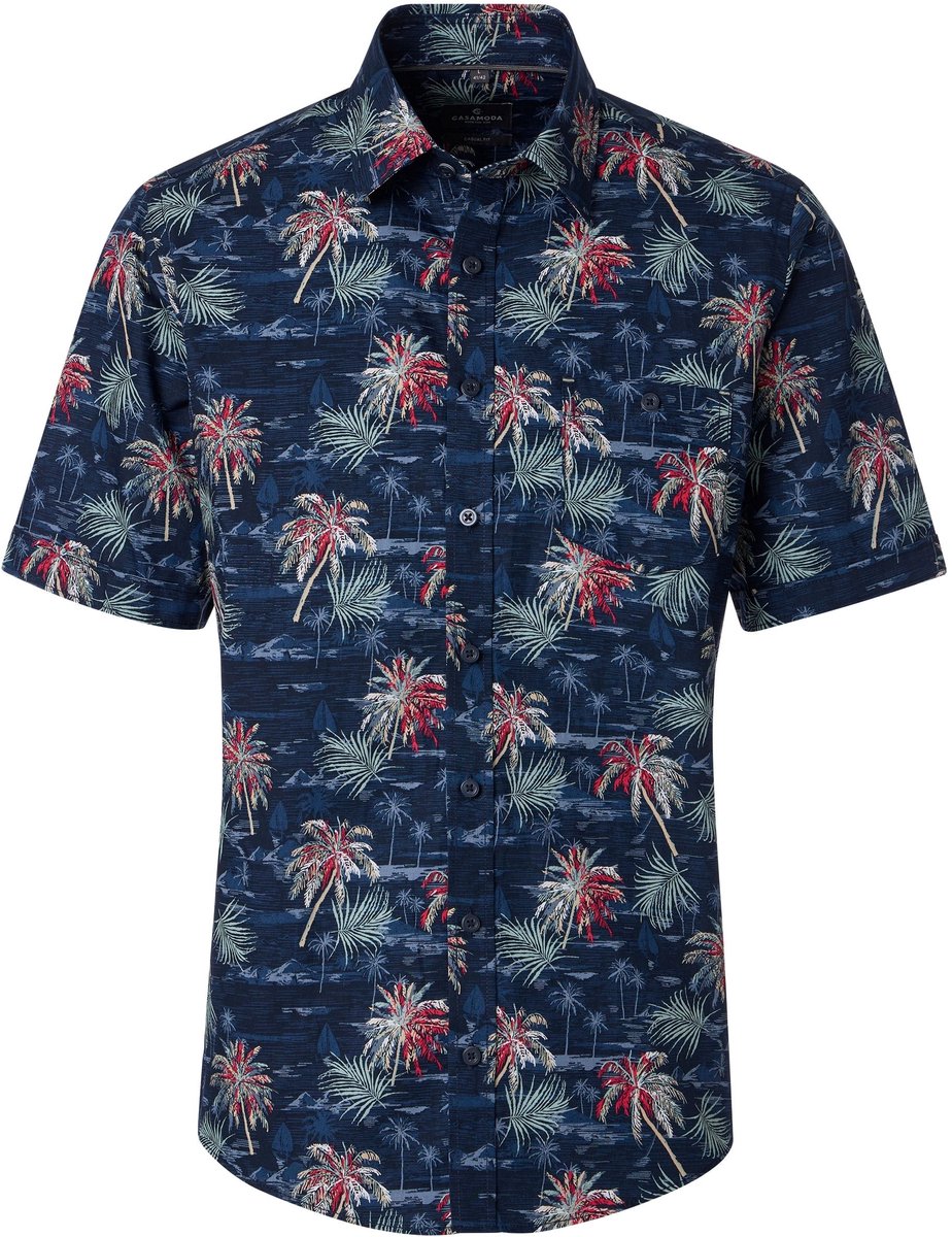 CASA MODA Sport casual fit overhemd - korte mouw - popeline - donkerblauw - rood - lichtblauw - wit dessin
