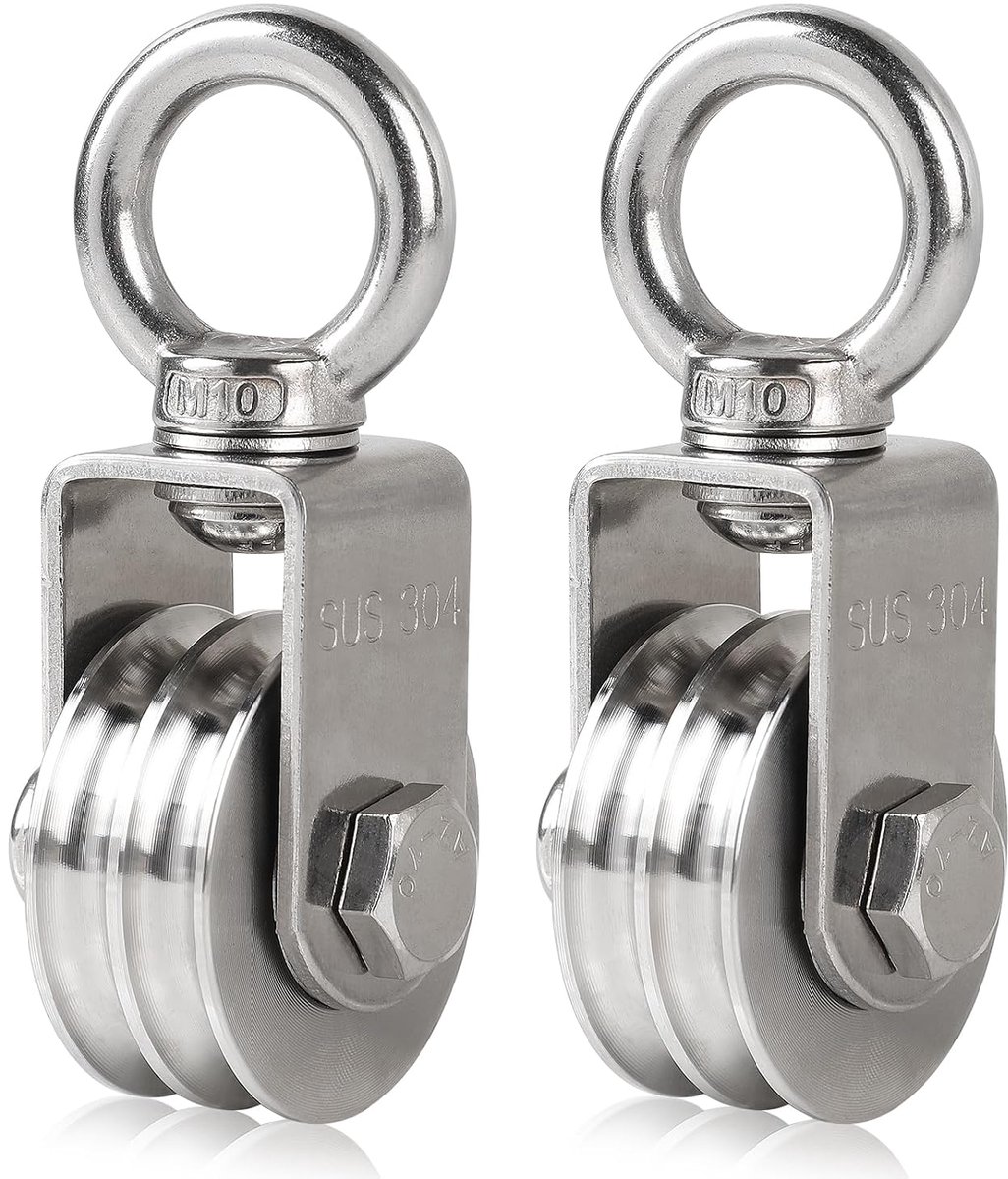 SnelShoppen - 2 x Kabel Rollen 8mm, Kleine Takel met 200kg Belastbaarheid, M10 Draai-Oog Bout, 304 RVS Dubbele Kabel Rollen 104 mm x 48 mm voor Stabie