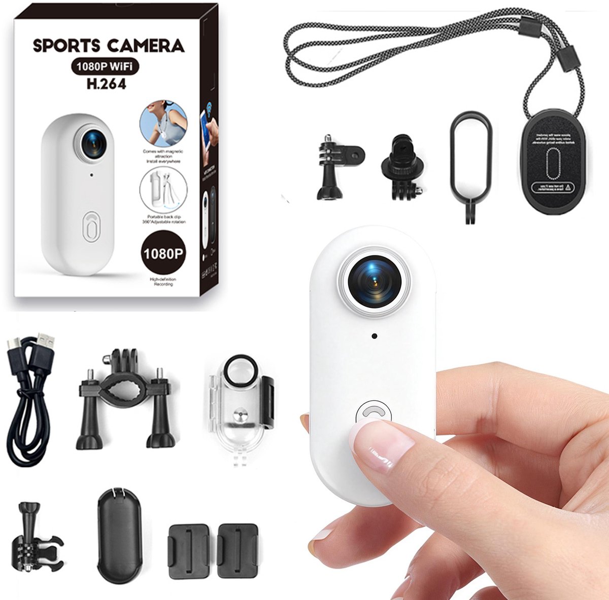 Mini-Sportcamera 1080p Formaat Inch Met 360 Graden Draaibare Clip en Magnetische Clip, Actiecam, POV-Opname, Handsfree, Draagbare Camera, Vlogging 120° Voor fiets, Motorfietsen, Audio- en-（Wit）