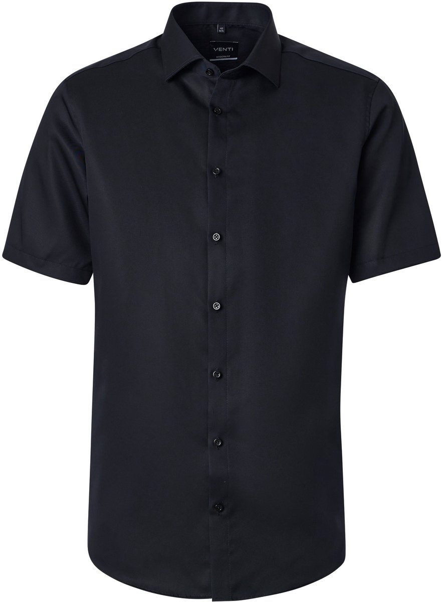 VENTI modern fit overhemd - korte mouw - twill - zwart - Strijkvrij - Boordmaat: 46 (EU maat: XXL)
