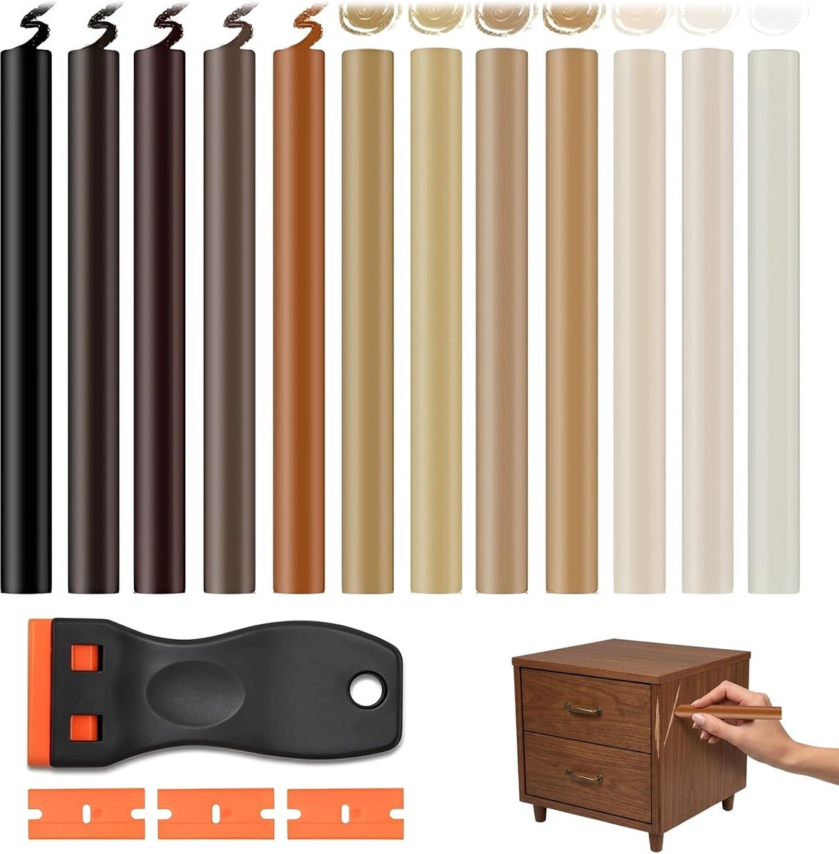 Meubelreparatieset - 12 wasstokjes walnootkleur - schraper en schrapers - voor krassen en slijtage - SnelShoppen