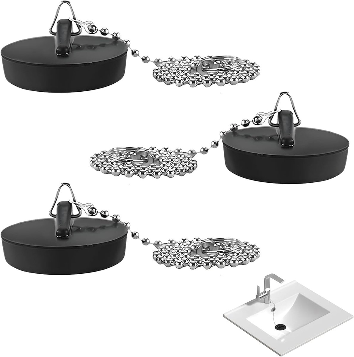 Drainstop - Set van 3 Rubber Stops - Universeel met Keten - Voorkomt Waterverlies - SnelShoppen