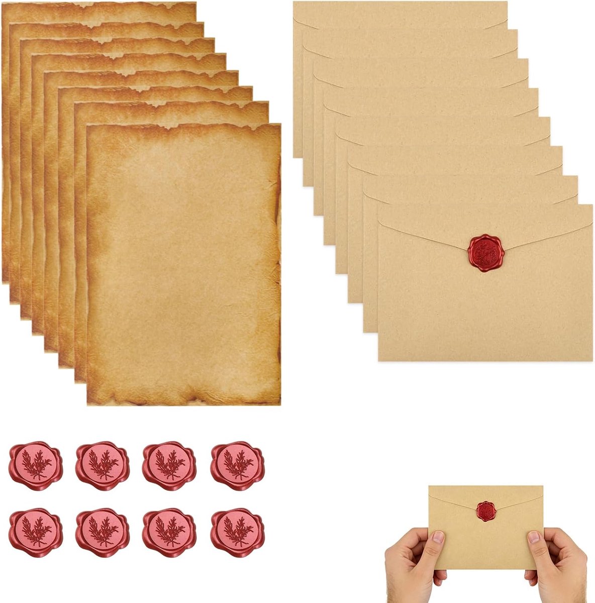 Vintage schrijfpakket – 32-delig set met 8 briefpapier - 8 enveloppen - 8 waszegel stickers - SnelShoppen