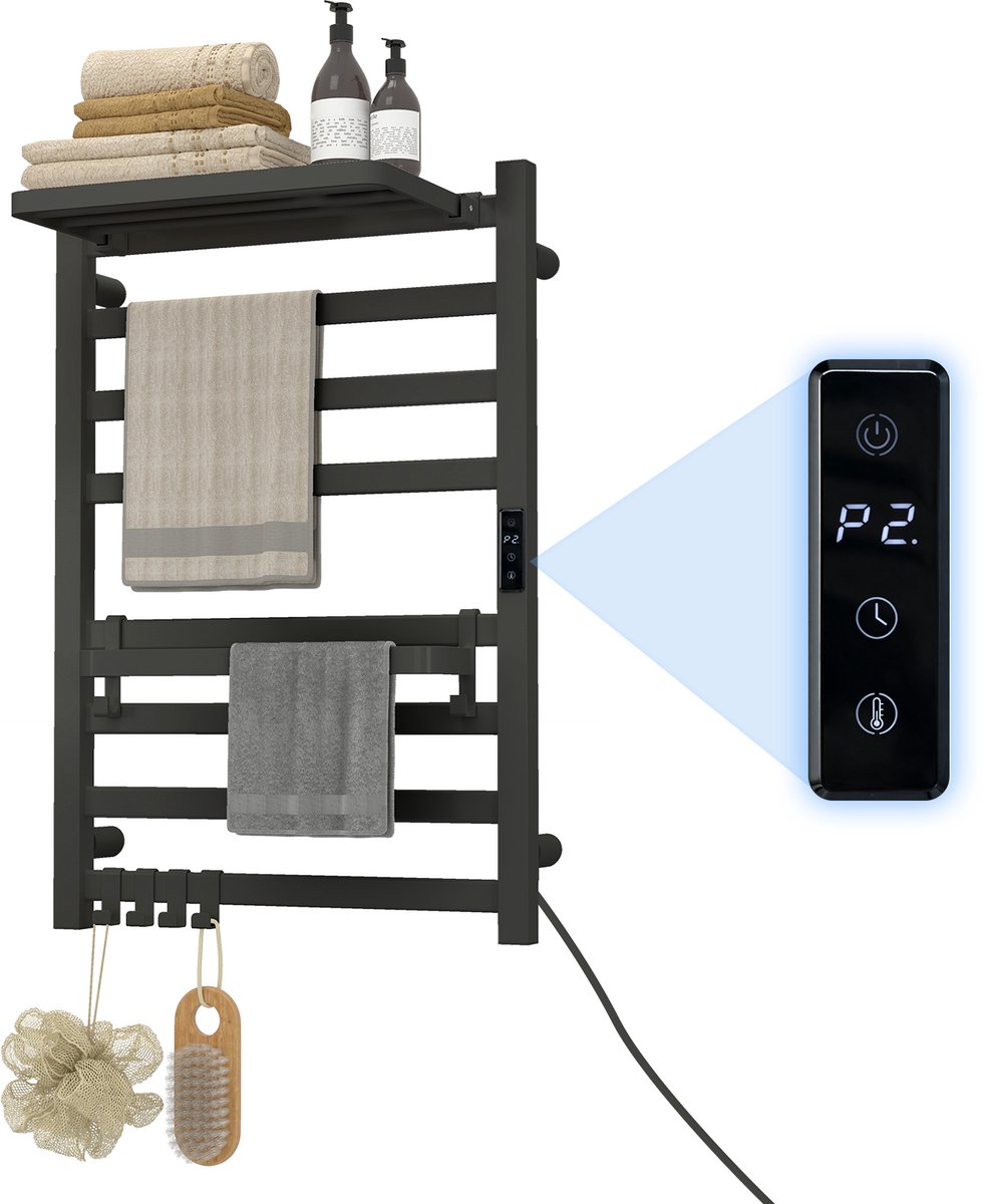 Puluomis - Elektrische handdoekhouder 72W - Wandmontage - 7-laags handdoekstang - Plank - Temperatuurregeling met 6 standen - Timerfunctie - Aluminiumlegering - 45~70℃ - Zwart