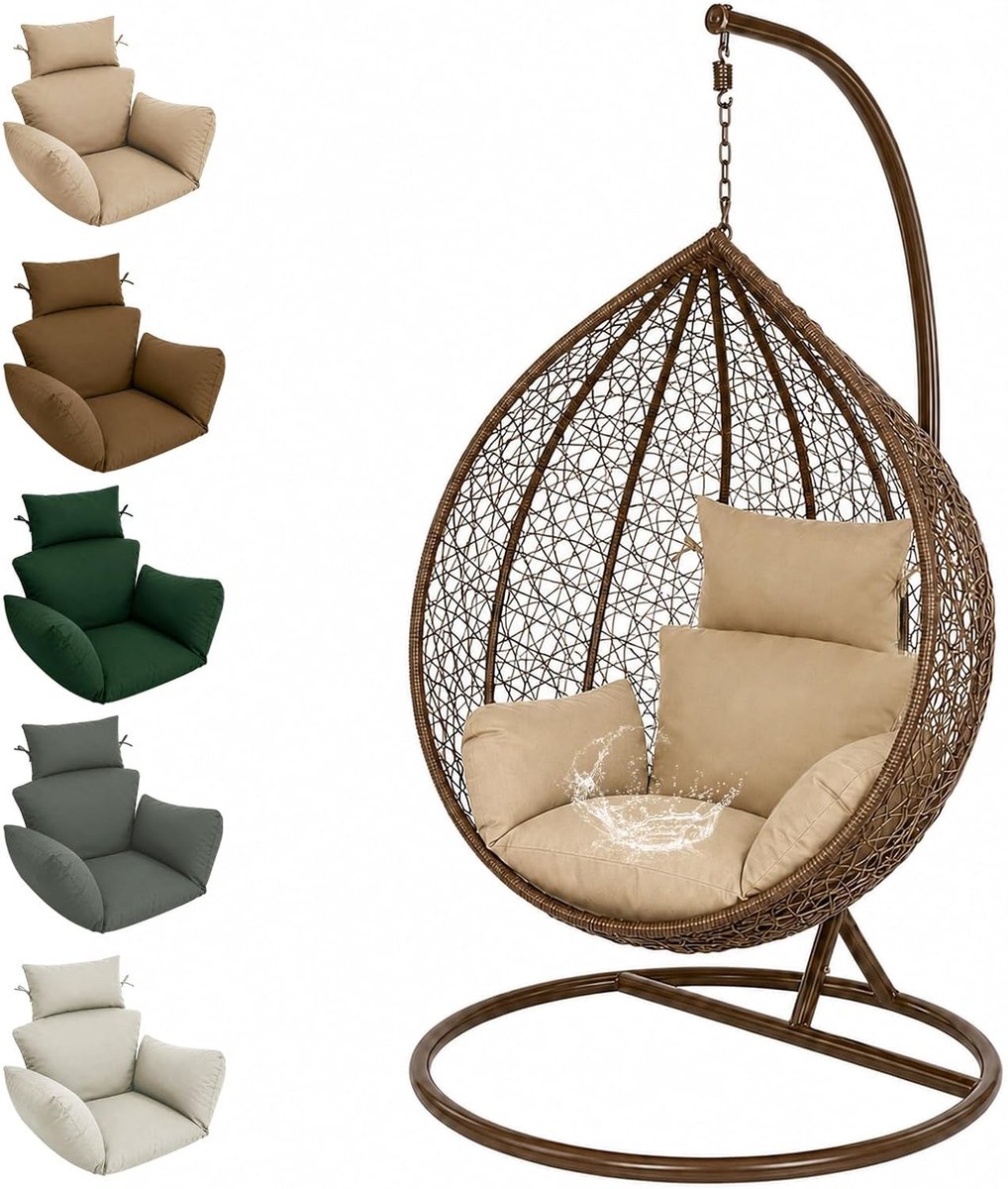 Kussen voor hangstoel, schommelstoel, outdoor, zacht, waterdicht, vervangingskussen, tuinkussen met hoofdsteun, voor rotan hangstoel, schommelstoelkussen, indoor zitkussen (melkkoffiekleur)