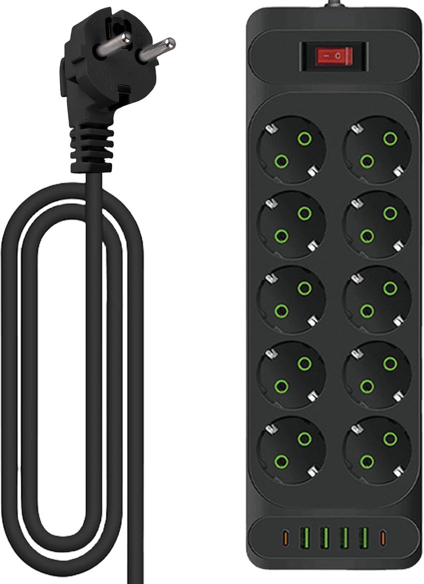 10-voudige stekkerdoos: stopcontacten met 2 USB-laadaansluitingen + 2 TYPE-C, verdeelstekker voor wandmontage, stopcontacten met schakelaar, 10-voudige powerstrip met 2 m kabel voor kantoor, huis