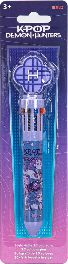 Kpop Demon Hunters pen in verpakking, 10 kleuren, paarse clip, met anime-stijl illustraties.