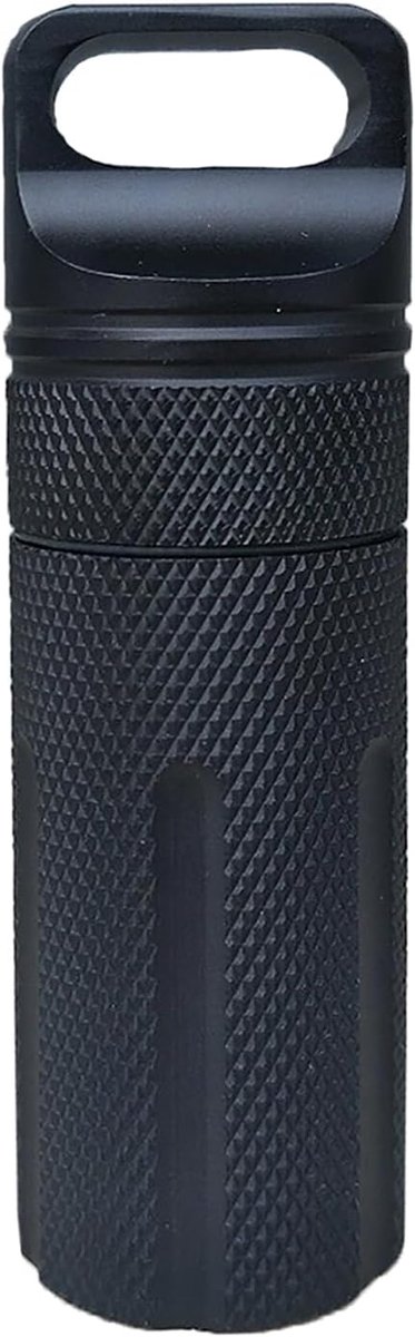 afdichtingsfles, waterdichte pillenhouder, metalen survivalcapsule, EDC-containertank voor jacht, camping, bergbeklimmen (ronde kop, zwart)