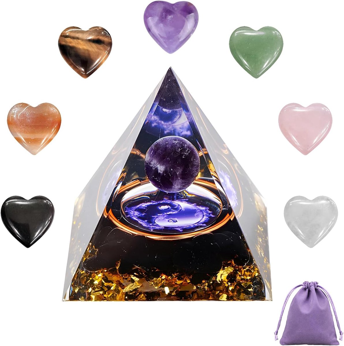 9 stuks maansteen kristallen piramide en kristallen harten set met paarse stoffen tas, natuur Reiki Chakra energietoren voor yoga meditatie chakra balans, hart edelstenen, liefde cadeau voor minnaar,