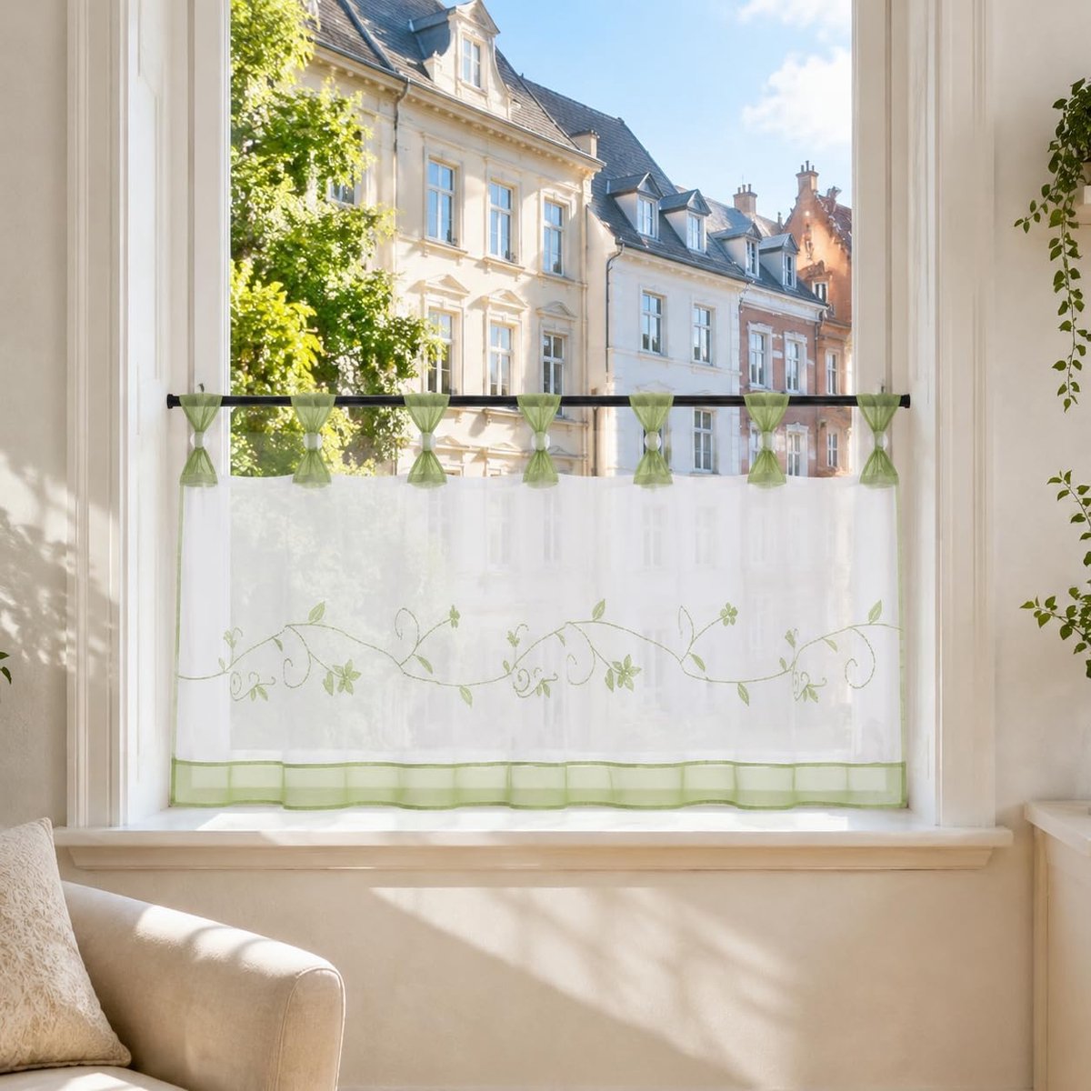 Selina Vitrage, voile bistrogordijn met bloemenborduurpatroon, transparant gordijn H x B 45 x 90 cm, groen, 1 stuk verpakking