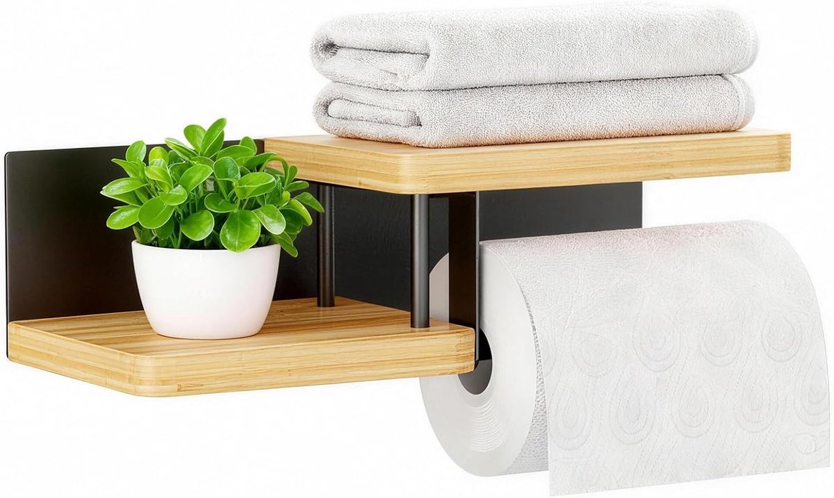Toiletpapierhouder met legplank, toiletpapierhouder van hout van staal en bamboe, toiletpapierhouder zonder boren, wc-rolhouder is geschikt voor toiletten en keukens.