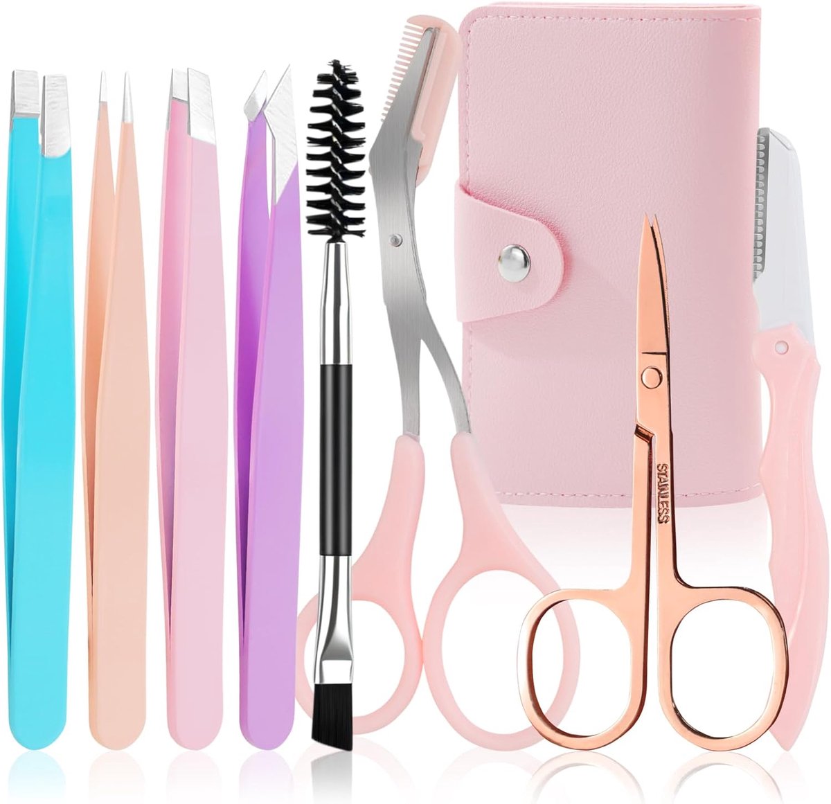 8pcs pincetenset, precisiepincet van roestvrij staal met PU-etui, wenkbrauwschaar met kam, afneembare schaar, wenkbrauwscheermesje, wimperborstel, pincet, wenkbrauwplukken voor vrouwen