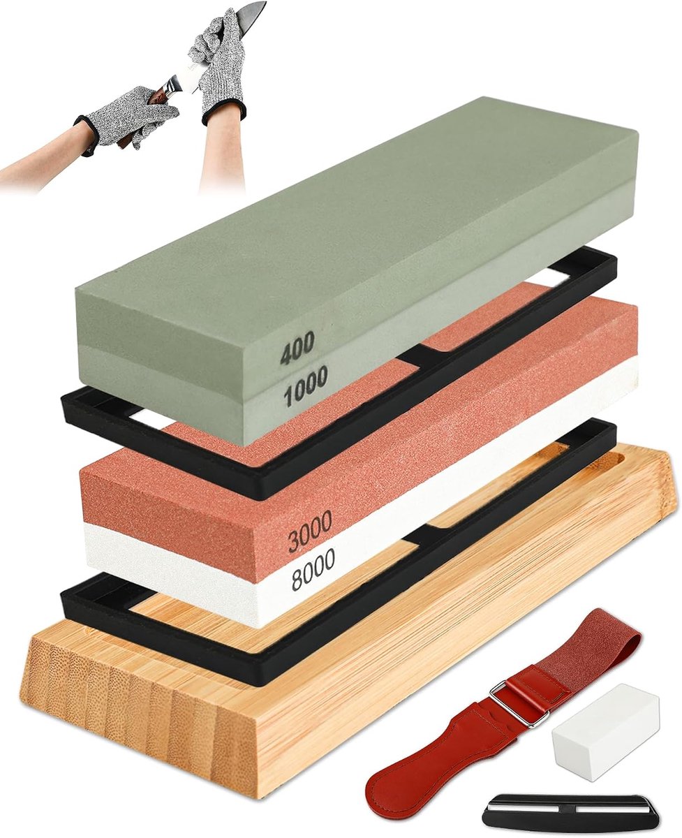 Slijpsteenset, korrelgrootte 400/1000 en 3000/8000, met siliconenmat, bamboebasis, meshouder, slijpsteen, polijstdoek, handschoenen, voor slijpstenen, messen en houtsnijgereedschap