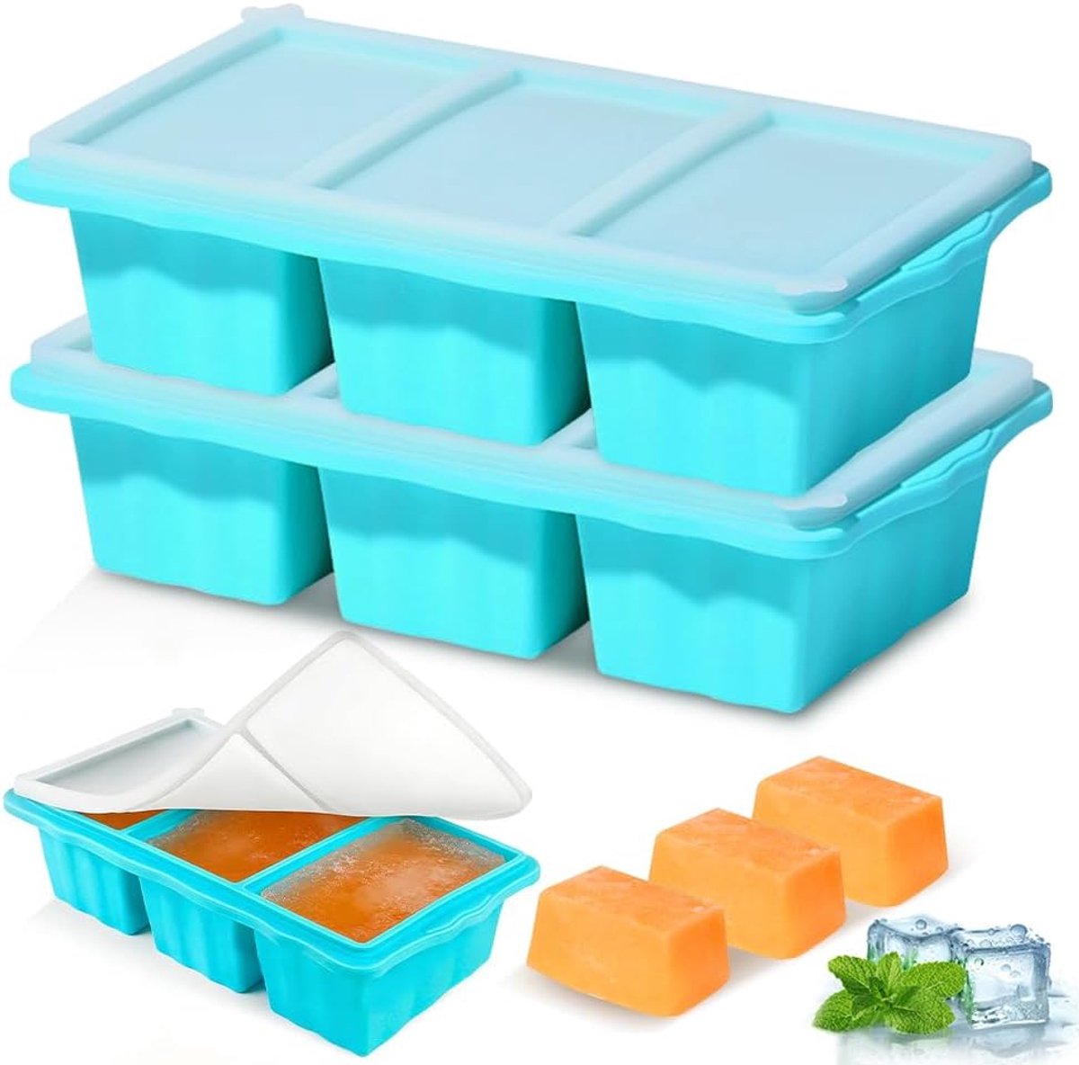 Vriesvormen voor soep-ijsblokjes, 2 stuks, siliconen vriescontainer met deksel, geeft 6 1-kopjessoepportievormen voor het bewaren van 250/125 ml soep, ijskube, bouillon, saus of boter