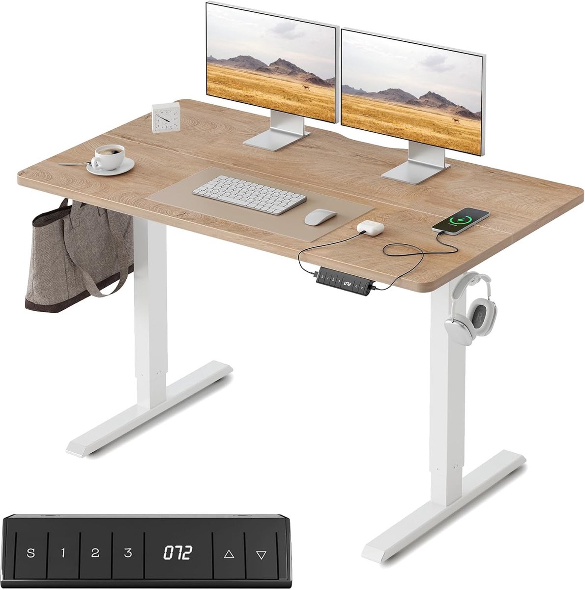 In hoogte verstelbaar bureau met USB-A- en USB-C-oplaadpoorten, 100 x 60 cm sta-zit-tafel, elektrisch in hoogte verstelbaar bureau, ergonomisch computerbureau voor thuiskantoor, eikenhout