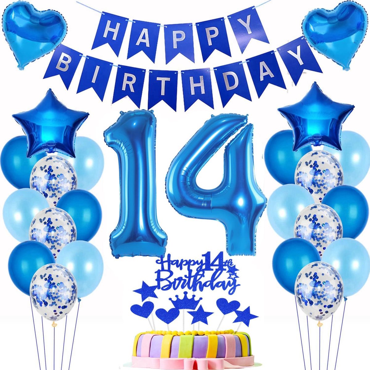 Ballonnen 14e verjaardag decoratie jongen blauwe set + 14e verjaardag taartdecoratie blauwe set, folieballon 14e verjaardag decoratie blauwe verjaardagsdecoratie 14 jaar jongen, 14 jaar jongen verjaardag decoratie