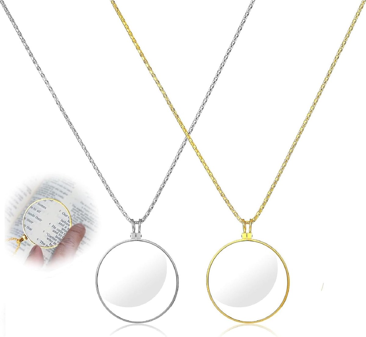 Set van 2 monocles als 5 x metalen loep met glazen lens, 42 mm leesloep met 45 cm ketting om om te hangen in goud/zilver, brilstijl voor boek en krant, ook kostuum